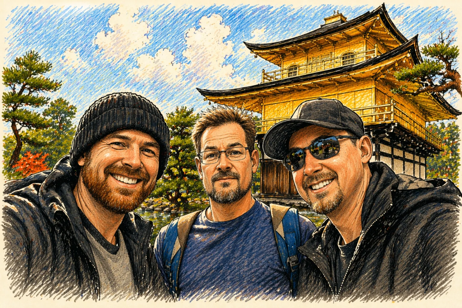 Hand-drawn caricature of the Sneeknet team — Josh, Aaron and Evan — with the tagline Fast Internet. Strong Connections. Better Together.